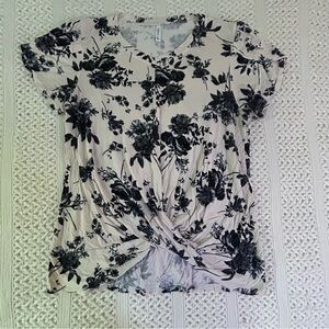 Addtoo Top Large Cream Black Floral Twist Front Short Sleeve Blouse